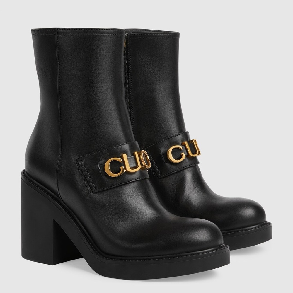GUCCI Gold Letter Spell-Out Black Calfskin Leather Platform Boots 40 9/9.5/10
